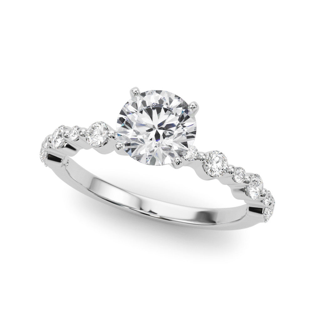 This Engagement Ring  is available in 14K White Gold. There are a total of 14 stones. There are Rounds with a total carat weight of 0.4 set in a Shared Prongs setting.