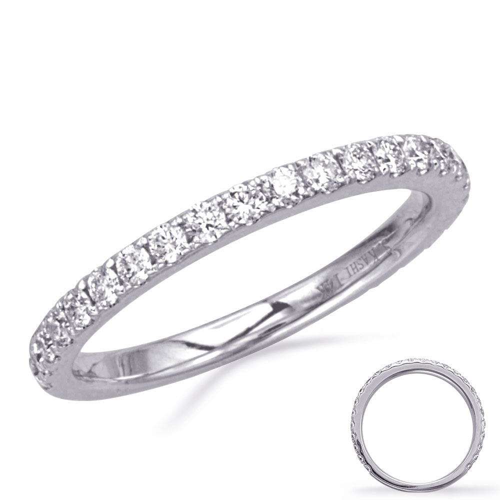 This Band is available in 14K White Gold. There are a total of 26 stones. There are Round with a total carat weight of 0.52 set in a Micro Prong setting.