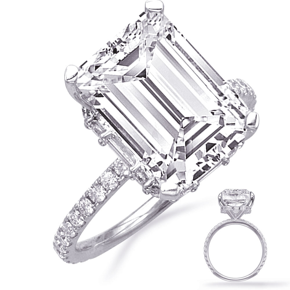 This Engagement Ring  is available in 14K White Gold. There are a total of 44 stones. There are Baguette with a total carat weight of 0.11 set in a Micro Prong|Prong Set setting.There are Rounds stones with a total carat weight of 0.49 set in a Micro Prong|Prong Set.
