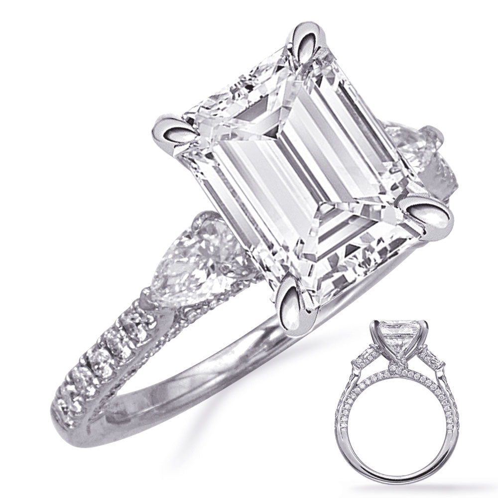 This Engagement Ring  is available in 14K White Gold. There are a total of 98 stones. There are Pear Shape with a total carat weight of 0.36 set in a Micro Prong|Prong Set setting.There are Rounds stones with a total carat weight of 0.38 set in a Micro Prong|Prong Set.