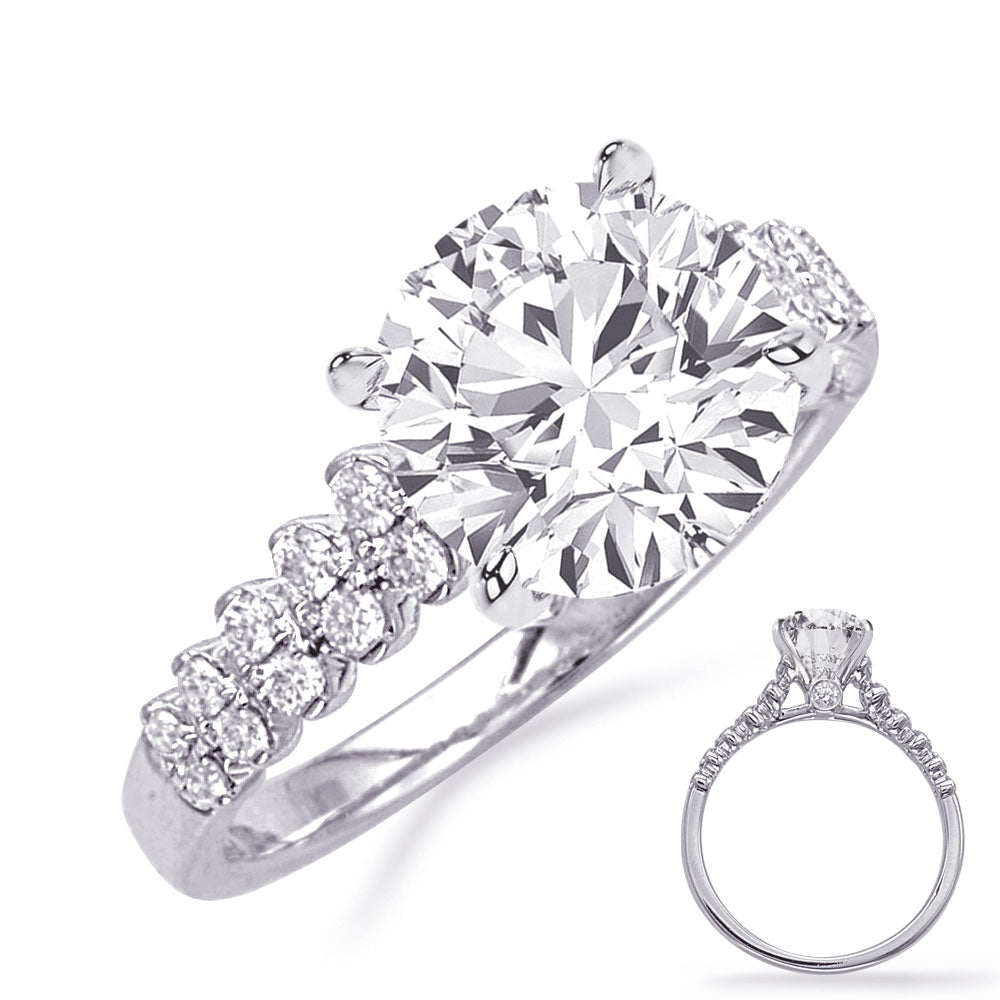 This Engagement Ring  is available in 14K White Gold. There are a total of 26 stones. There are Rounds with a total carat weight of 0.39 set in a Bezel Set|Micro Prong setting.