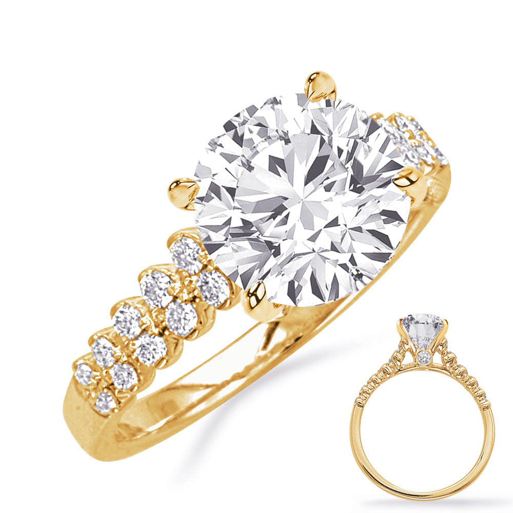 This Engagement Ring  is available in 14K Yellow Gold. There are a total of 26 stones. There are Rounds with a total carat weight of 0.39 set in a Bezel Set|Micro Prong setting.