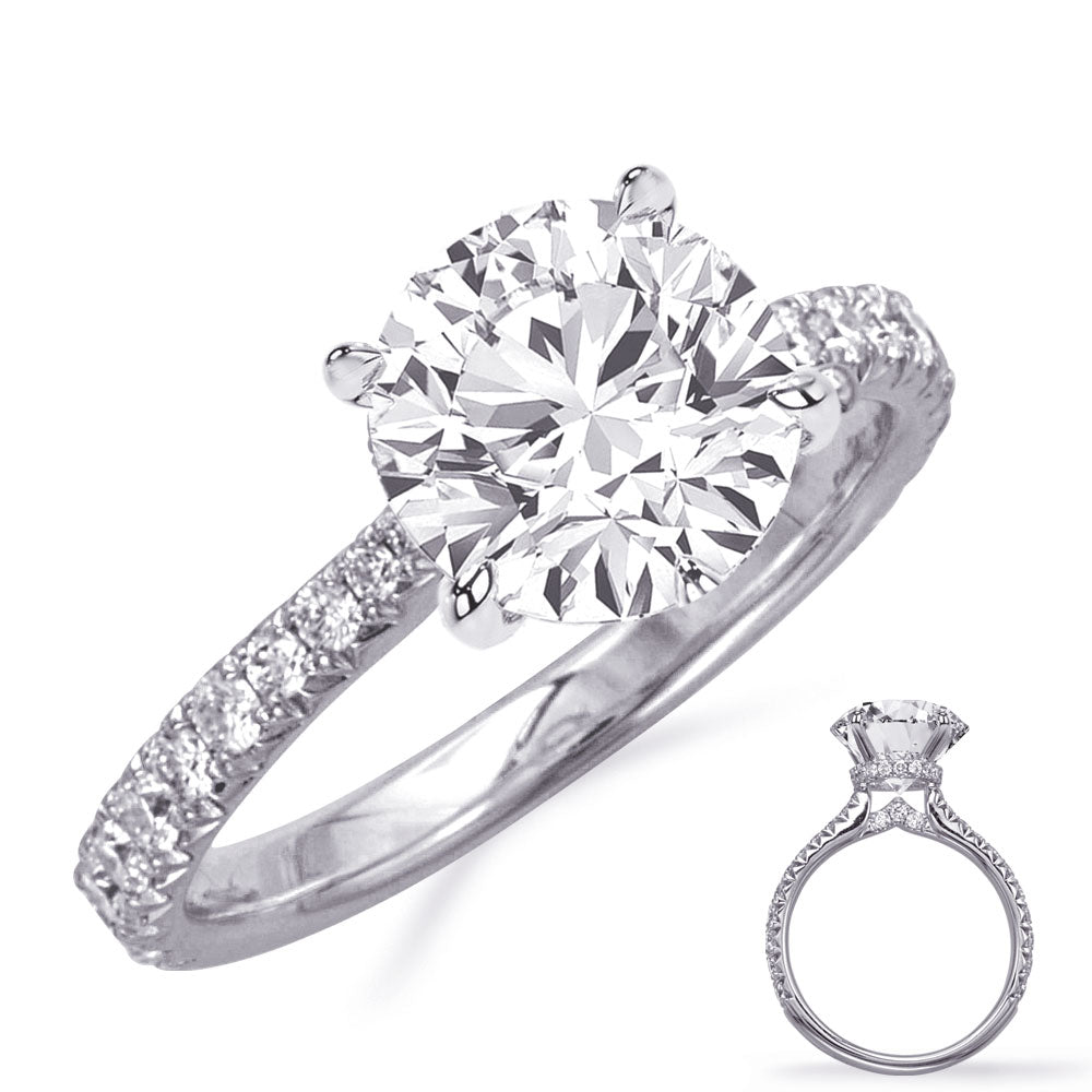 This Engagement Ring  is available in 14K White Gold. There are a total of 46 stones. There are Rounds with a total carat weight of 0.58 set in a Micro Prong setting.