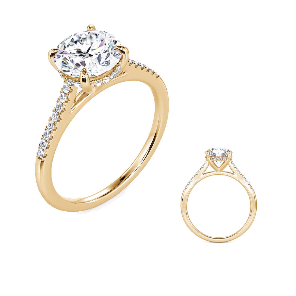 This Engagement Ring  is available in 14K Yellow Gold. There are a total of 32 stones. There are Rounds with a total carat weight of 0.16 set in a Micro Pave setting.