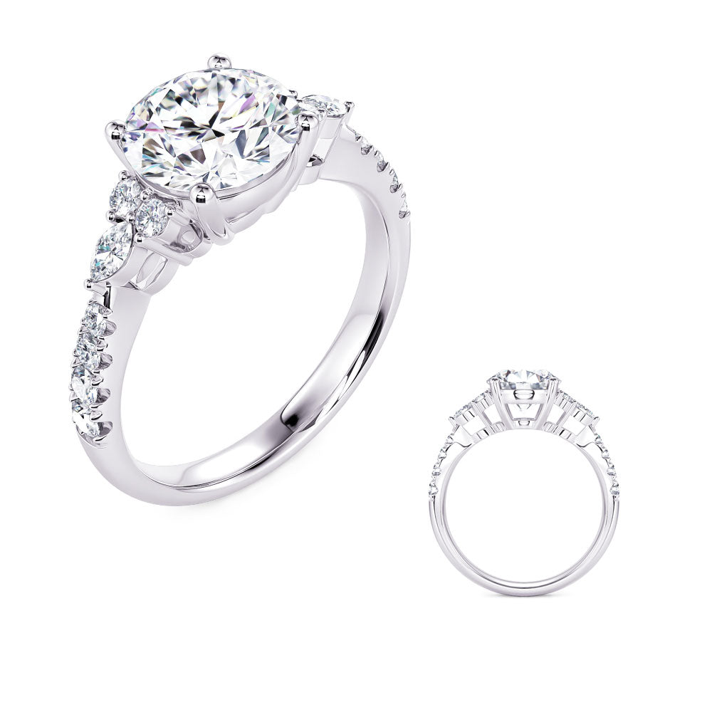 This Engagement Ring  is available in 14K White Gold. There are a total of 14 stones. There are Marquise with a total carat weight of 0.08 set in a Prong Set setting.There are Rounds stones with a total carat weight of 0.26 set in a Prong Set.