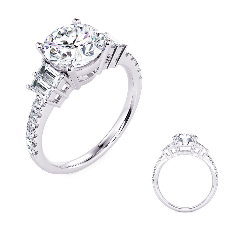 This Engagement Ring  is available in 14K White Gold. There are a total of 16 stones. There are Baguette with a total carat weight of 0.34 set in a Prong Set setting.There are Rounds stones with a total carat weight of 0.17 set in a Prong Set.