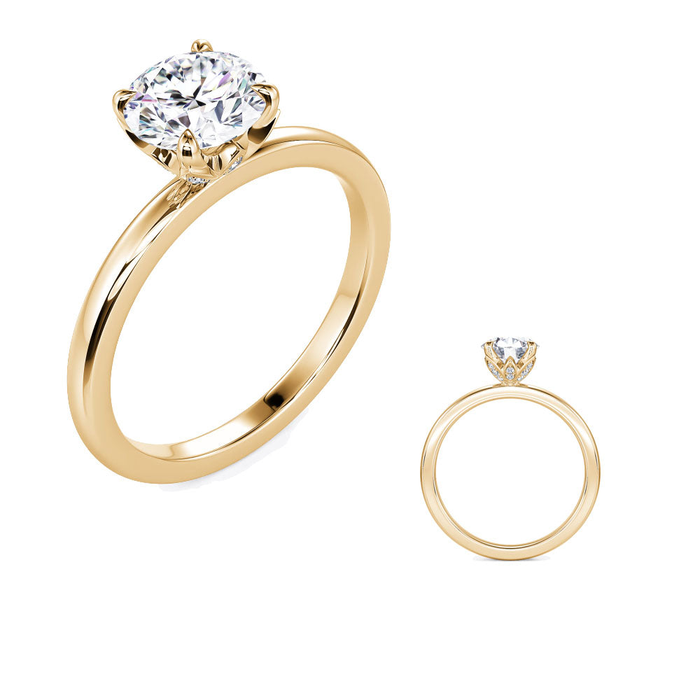 This Engagement Ring  is available in 14K Yellow Gold. There are a total of 20 stones. There are Rounds with a total carat weight of 0.06 set in a Micro Prong setting.