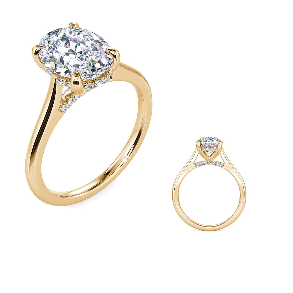 This Engagement Ring  is available in 14K Yellow Gold. There are a total of 30 stones. There are Rounds with a total carat weight of 0.12 set in a Micro Pave setting.