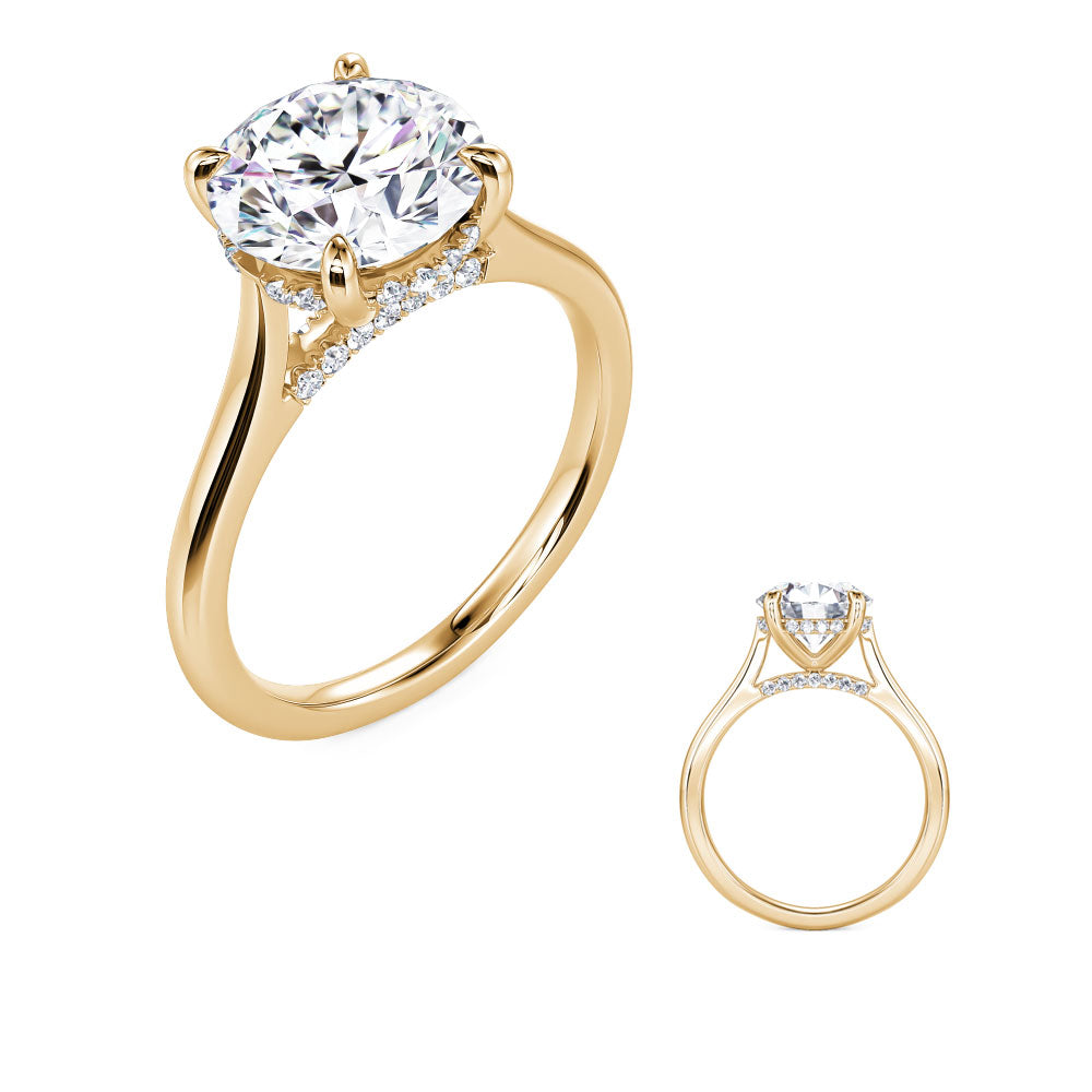 This Engagement Ring  is available in 14K Yellow Gold. There are a total of 32 stones. There are Rounds with a total carat weight of 0.12 set in a Micro Prong setting.