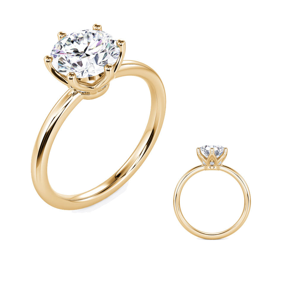 This Engagement Ring  is available in 14K Yellow Gold. There are a total of 6 stones. There are Rounds with a total carat weight of 0.03 set in a Prong Set setting.