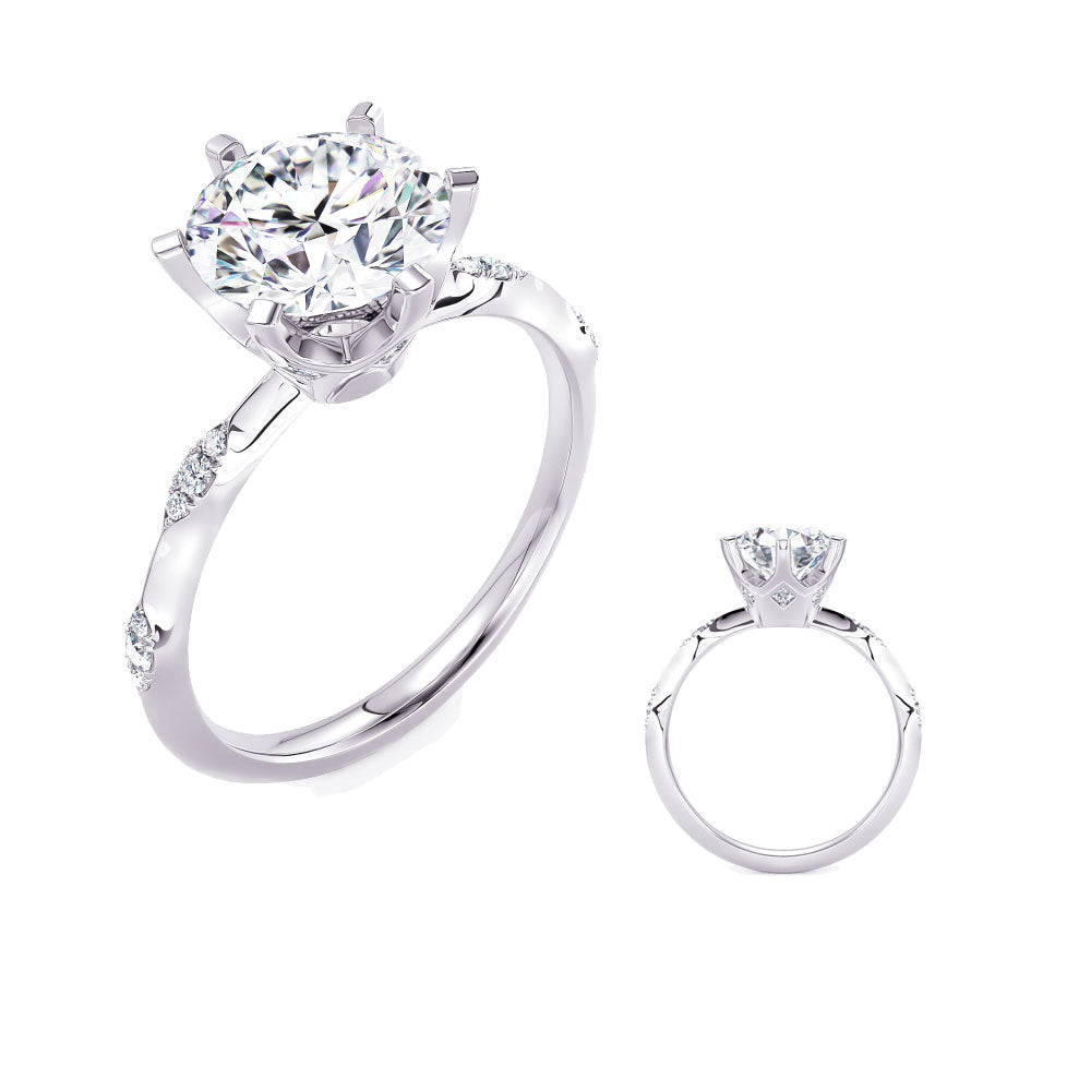 This Engagement Ring  is available in 14K White Gold. There are a total of 18 stones. There are Rounds with a total carat weight of 0.11 set in a Prong Set setting.
