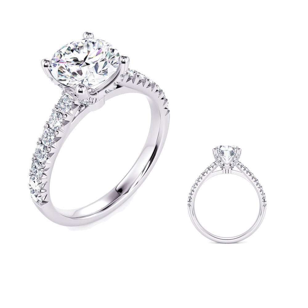 This Engagement Ring  is available in 14K White Gold. There are a total of 26 stones. There are Rounds with a total carat weight of 0.44 set in a Micro Prong setting.