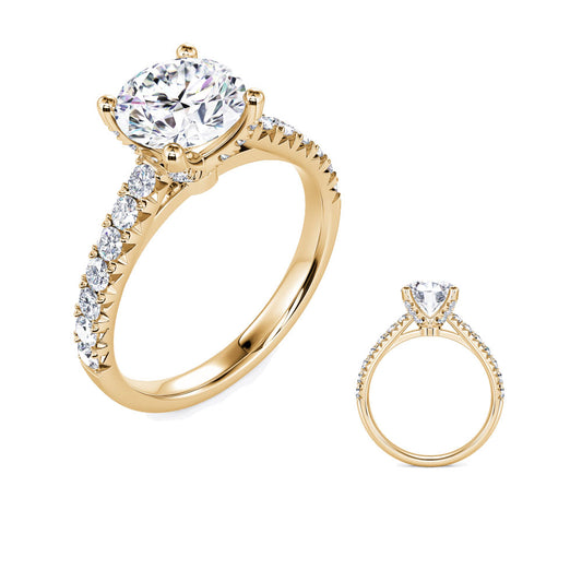 This Engagement Ring  is available in 14K Yellow Gold. There are a total of 26 stones. There are Rounds with a total carat weight of 0.44 set in a Micro Prong setting.