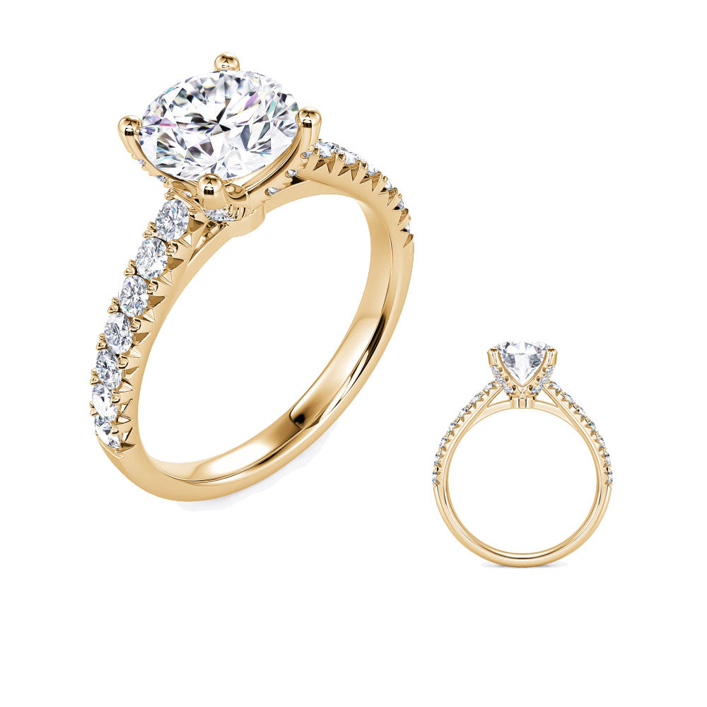 This Engagement Ring  is available in 14K Yellow Gold. There are a total of 26 stones. There are Rounds with a total carat weight of 0.44 set in a Micro Prong setting.