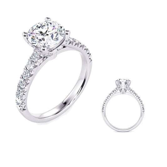 This Engagement Ring  is available in 14K White Gold. There are a total of 26 stones. There are Rounds with a total carat weight of 0.46 set in a Micro Prong setting.