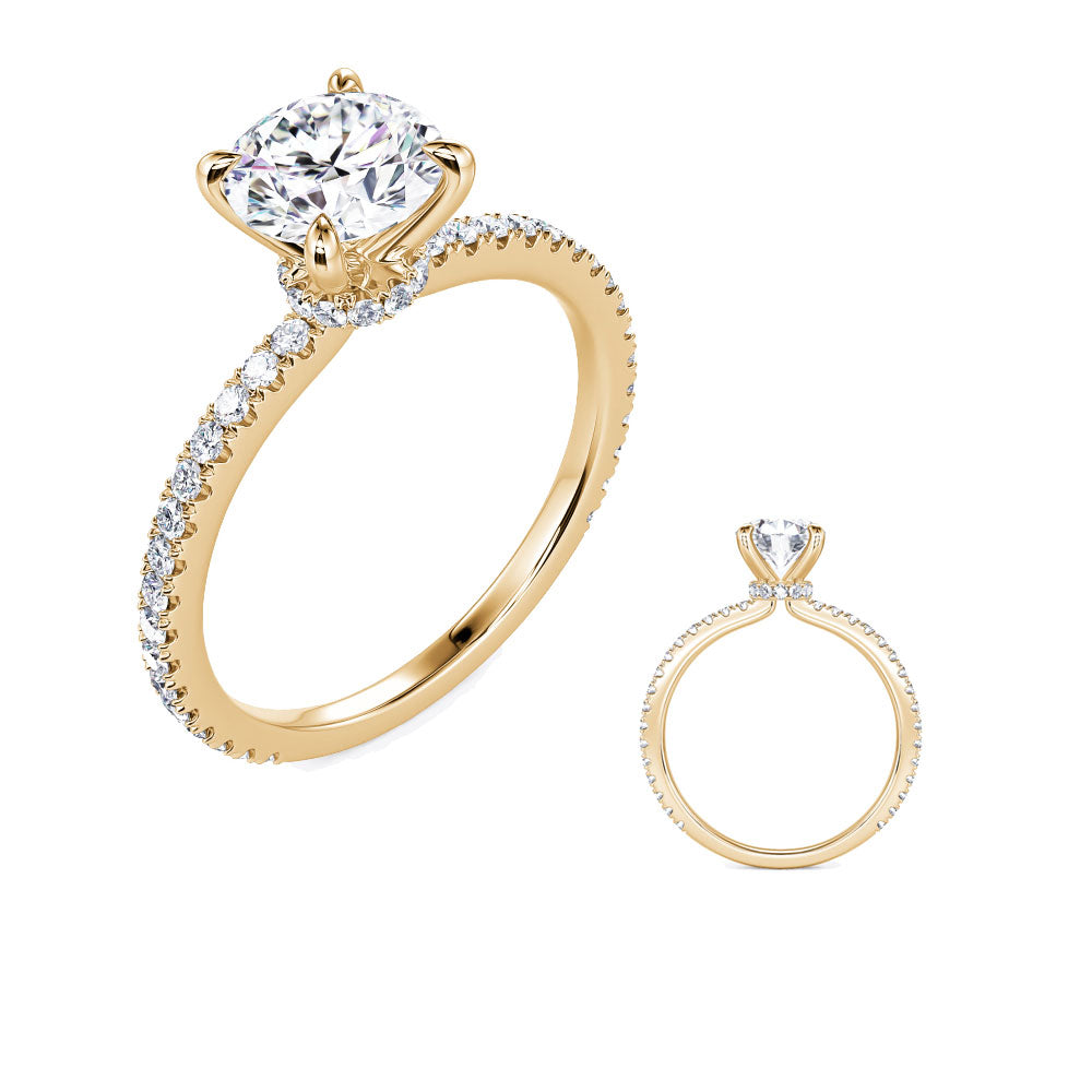 This Engagement Ring  is available in 14K Yellow Gold. There are a total of 42 stones. There are Rounds with a total carat weight of 0.36 set in a Micro Prong setting.