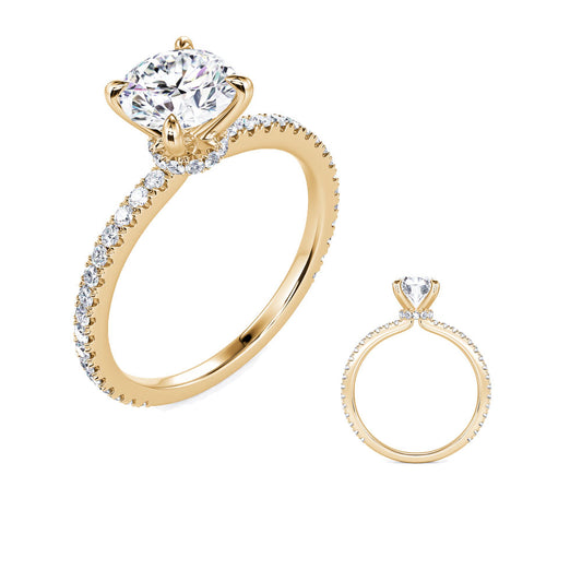 This Engagement Ring  is available in 14K Yellow Gold. There are a total of 44 stones. There are Rounds with a total carat weight of 0.3 set in a Micro Prong setting.