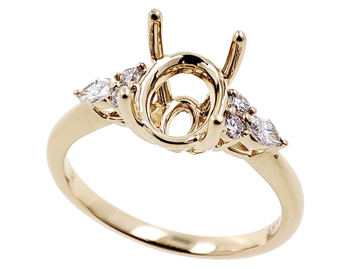 This Engagement Ring  is available in 14K Yellow Gold. There are a total of 6 stones. There are Marquise with a total carat weight of 0.11 set in a Prong Set setting.There are Rounds stones with a total carat weight of 0.09 set in a Prong Set.