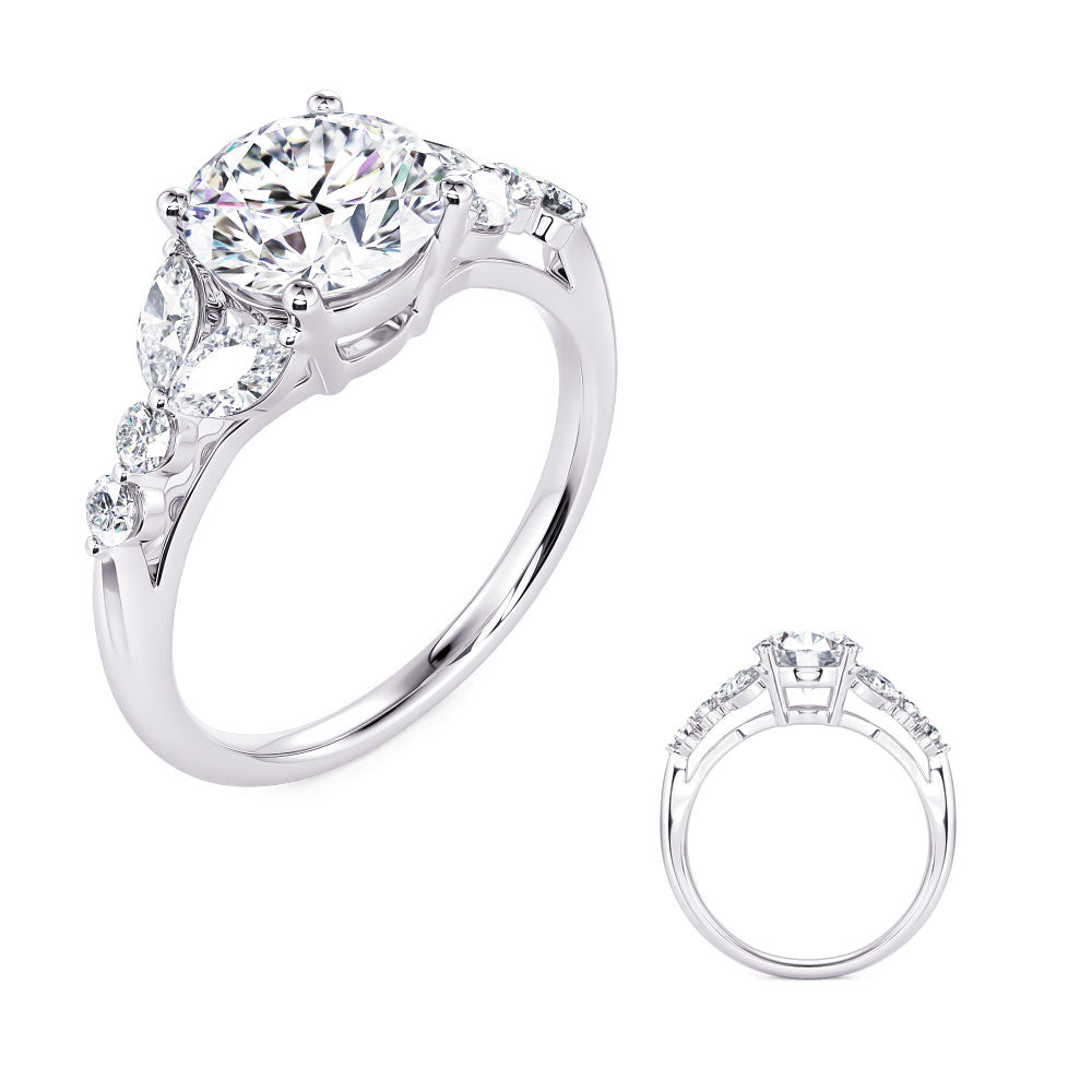 This Engagement Ring  is available in 14K White Gold. There are a total of 8 stones. There are Marquise with a total carat weight of 0.38 set in a Prong Set setting.There are Rounds stones with a total carat weight of 0.13 set in a Prong Set.