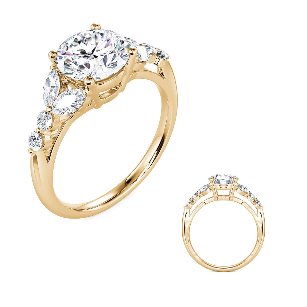 This Engagement Ring  is available in 14K Yellow Gold. There are a total of 8 stones. There are Marquise with a total carat weight of 0.38 set in a Prong Set setting.There are Rounds stones with a total carat weight of 0.13 set in a Prong Set.