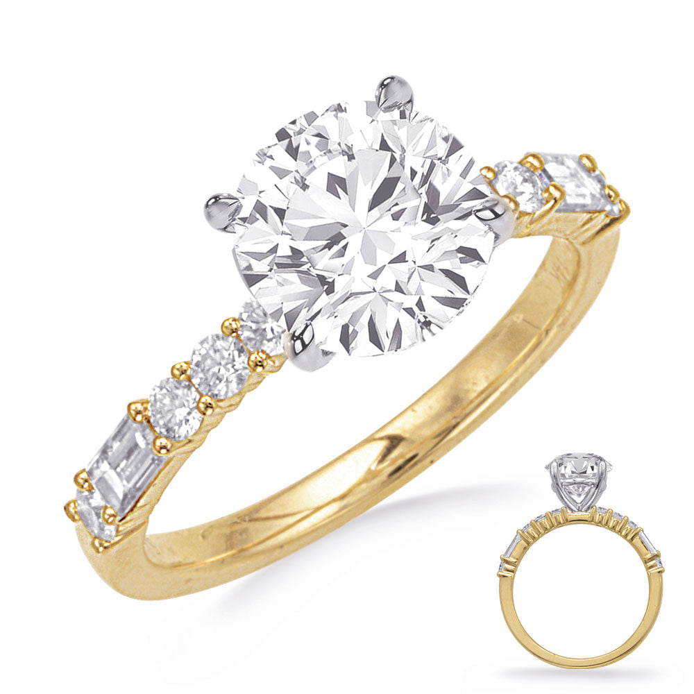 This Engagement Ring  is available in 14K Yellow & White Gold. There are a total of 10 stones. There are Baguette with a total carat weight of 0.21 set in a Prong Set setting.There are Rounds stones with a total carat weight of 0.26 set in a Prong Set.