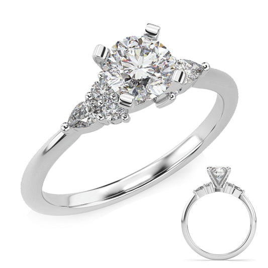 This Engagement Ring  is available in 14K White Gold. There are a total of 6 stones. There are Pear Shape with a total carat weight of 0.15 set in a Prong Set setting.There are Rounds stones with a total carat weight of 0.14 set in a Prong Set.
