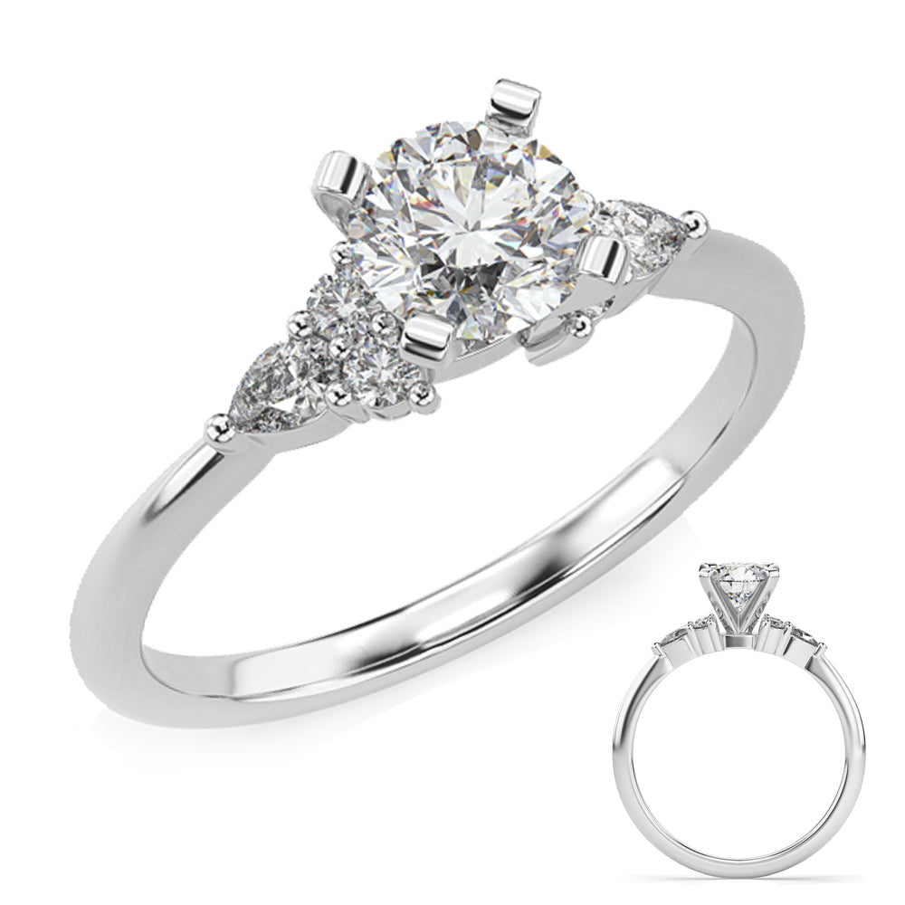 This Engagement Ring  is available in 14K White Gold. There are a total of 6 stones. There are Pear Shape with a total carat weight of 0.15 set in a Prong Set setting.There are Rounds stones with a total carat weight of 0.14 set in a Prong Set.