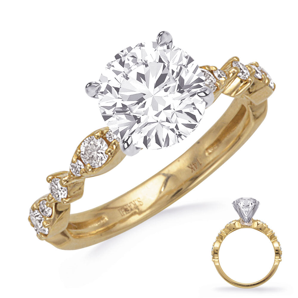This Engagement Ring  is available in 14K Yellow & White Gold. There are a total of 14 stones. There are Rounds with a total carat weight of 0.34 set in a Prong Set|Shared Prongs setting.