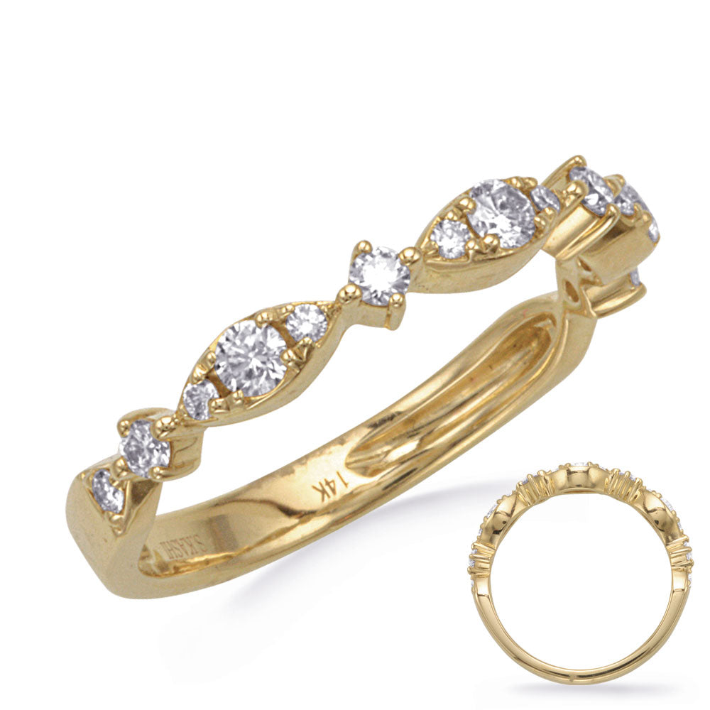 This Band is available in 14K Yellow Gold. There are a total of 15 stones. There are Round with a total carat weight of 0.35 set in a Prong Set|Shared Prongs setting.