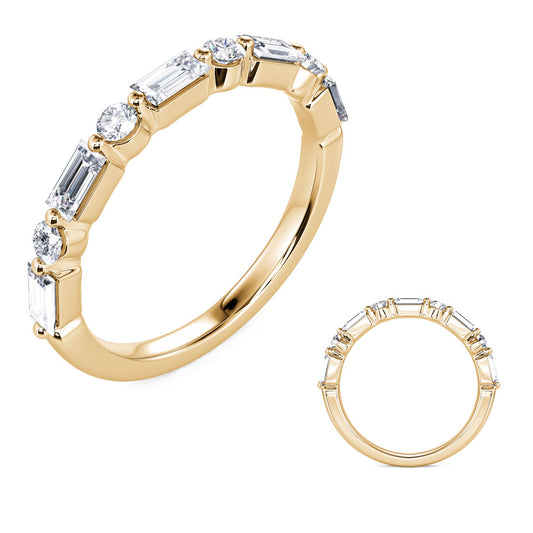 This Band is available in 14K Yellow Gold. There are a total of 9 stones. There are Baguette with a total carat weight of 0.55 set in a Channel Set|Prong Set setting.There are Round stones with a total carat weight of 0.16 set in a Channel Set|Prong Set.