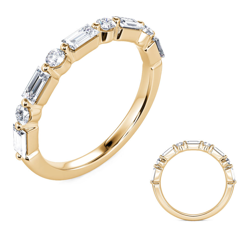 This Band is available in 14K Yellow Gold. There are a total of 9 stones. There are Baguette with a total carat weight of 0.55 set in a Channel Set|Prong Set setting.There are Round stones with a total carat weight of 0.16 set in a Channel Set|Prong Set.