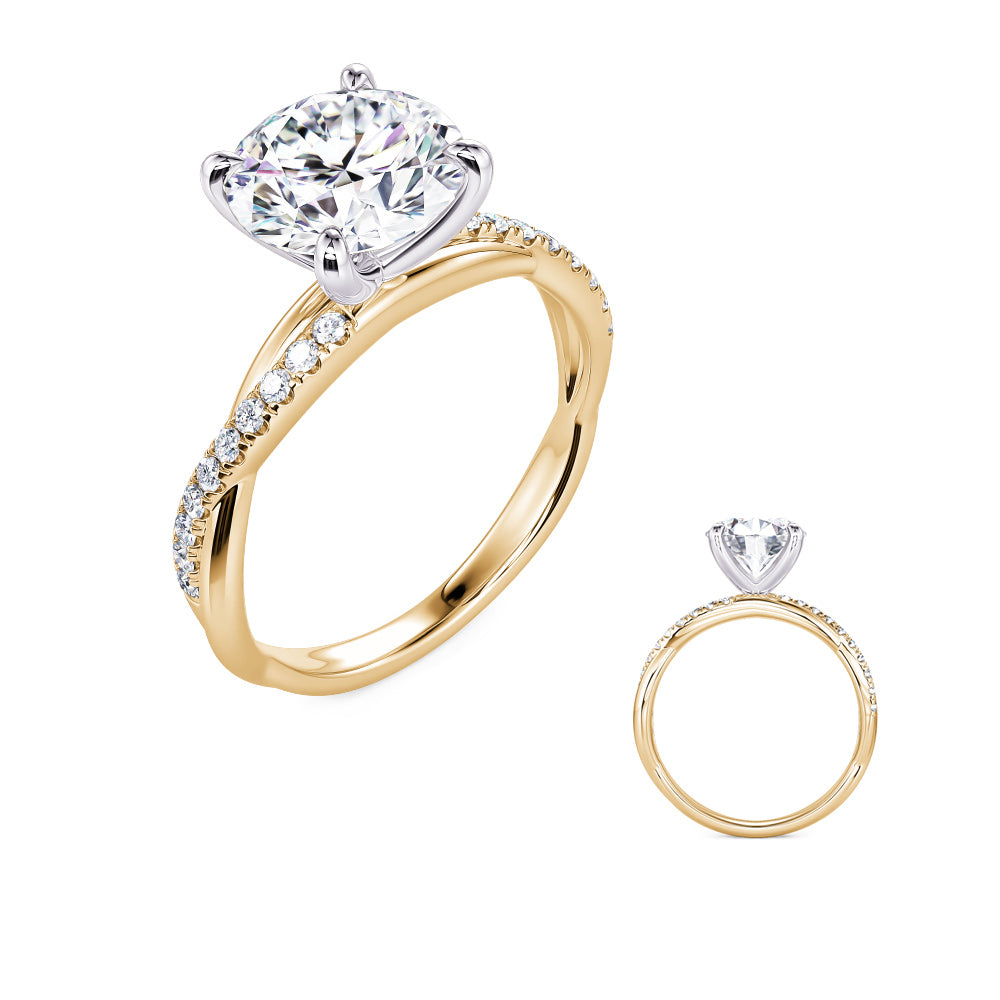 This Engagement Ring  is available in 14K Yellow & White Gold. There are a total of 20 stones. There are Rounds with a total carat weight of 0.17 set in a Micro Prong setting.