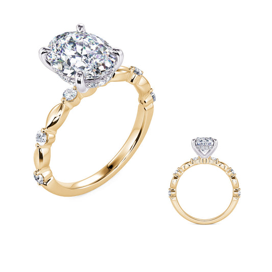 This Engagement Ring  is available in 14K Yellow & White Gold. There are a total of 22 stones. There are Rounds with a total carat weight of 0.21 set in a Micro Prong setting.