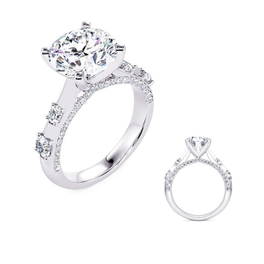 This Engagement Ring  is available in 14K White Gold. There are a total of 54 stones. There are Rounds with a total carat weight of 0.68 set in a Micro Prong|Prong Set setting.