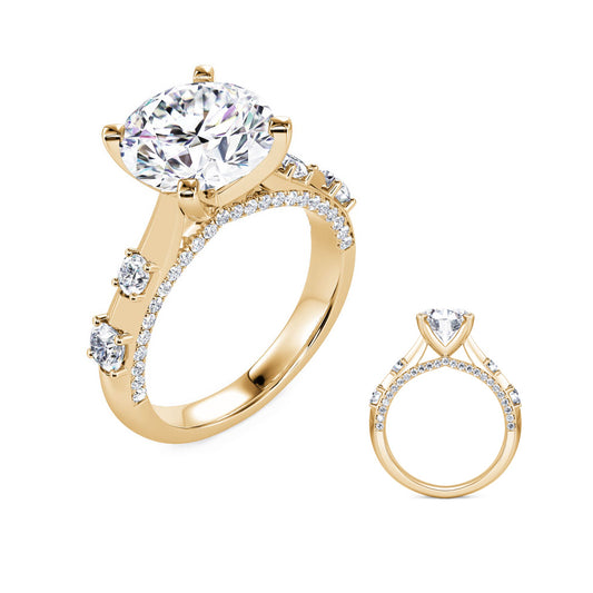 This Engagement Ring  is available in 14K Yellow Gold. There are a total of 54 stones. There are Rounds with a total carat weight of 0.68 set in a Micro Prong|Prong Set setting.