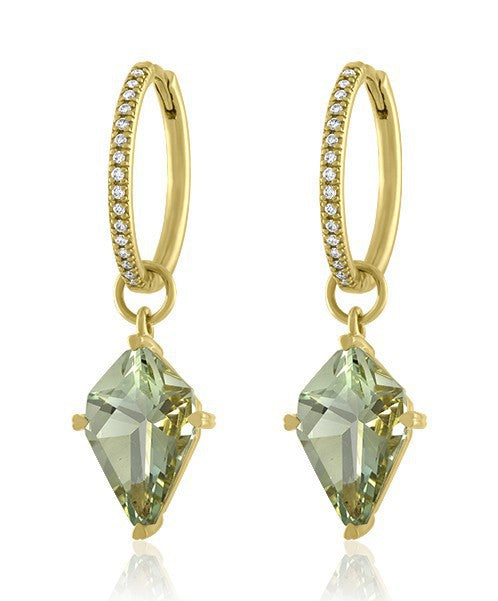 Green Quartz Kite Shaped Earring Drops with Hinged Diamond Hoops 329-JSA