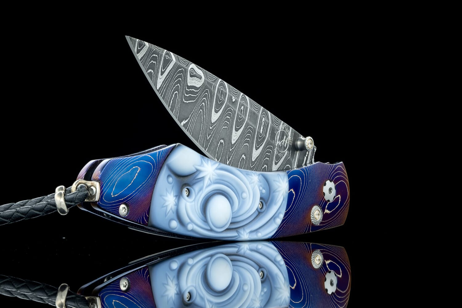 William Henry Pocketknife featuring heat-colored Damascus, carved banded agate, and meteorite Damascus blade B12 GALAXY