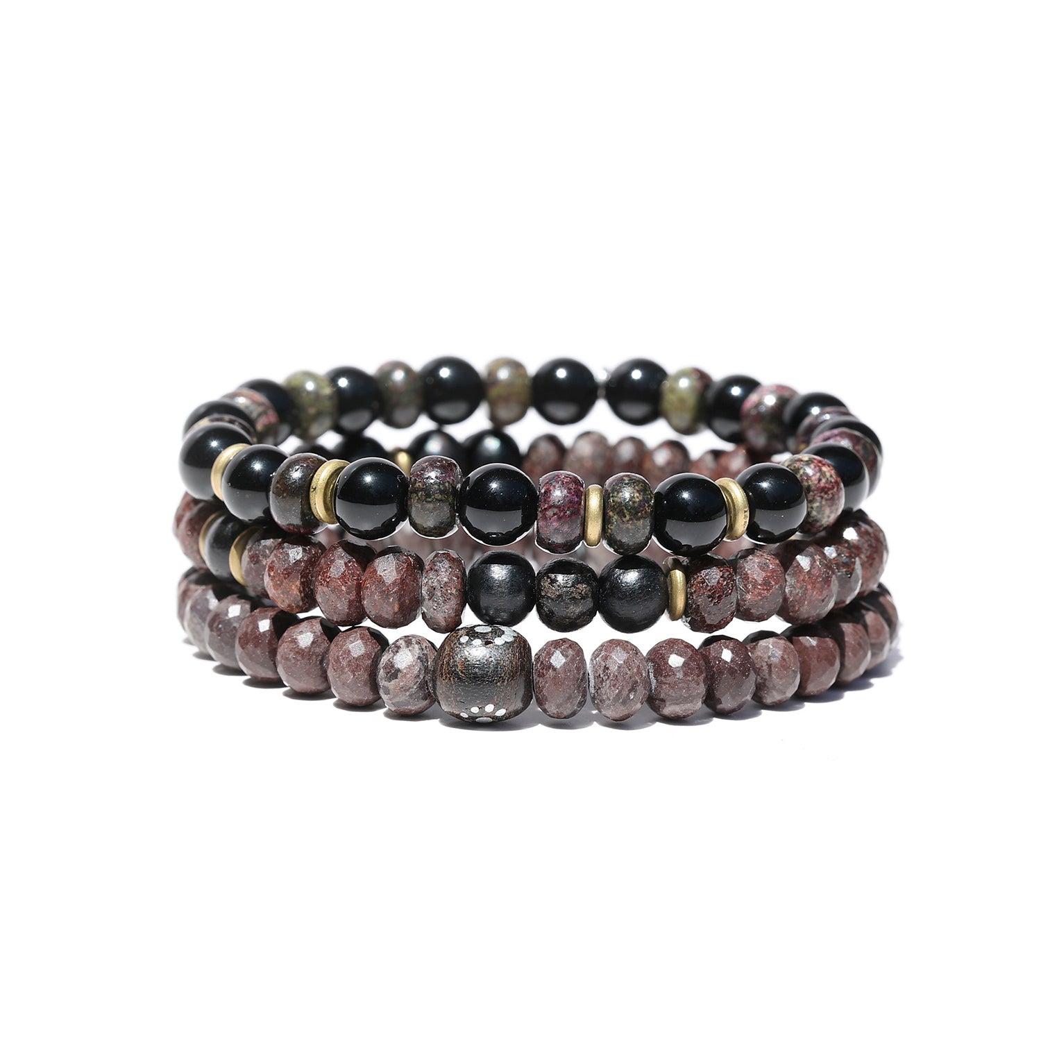 Men's Mr. LOWE Onyx & Ruby Zoisite Mix Bracelet with Brass Rondelles - 8mm