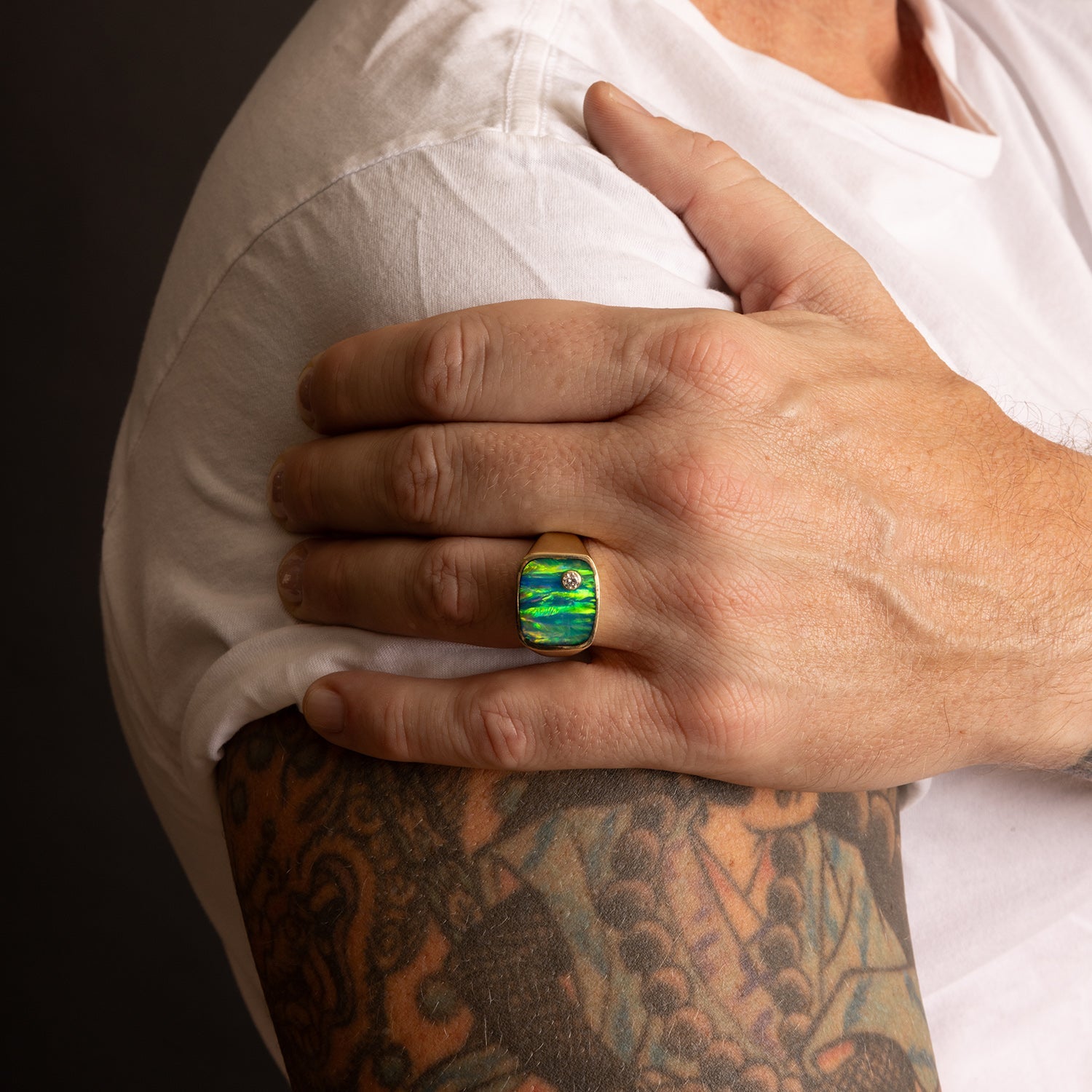Men's Mr. LOWE 14k Opal Bond Ring with Diamond Bezel