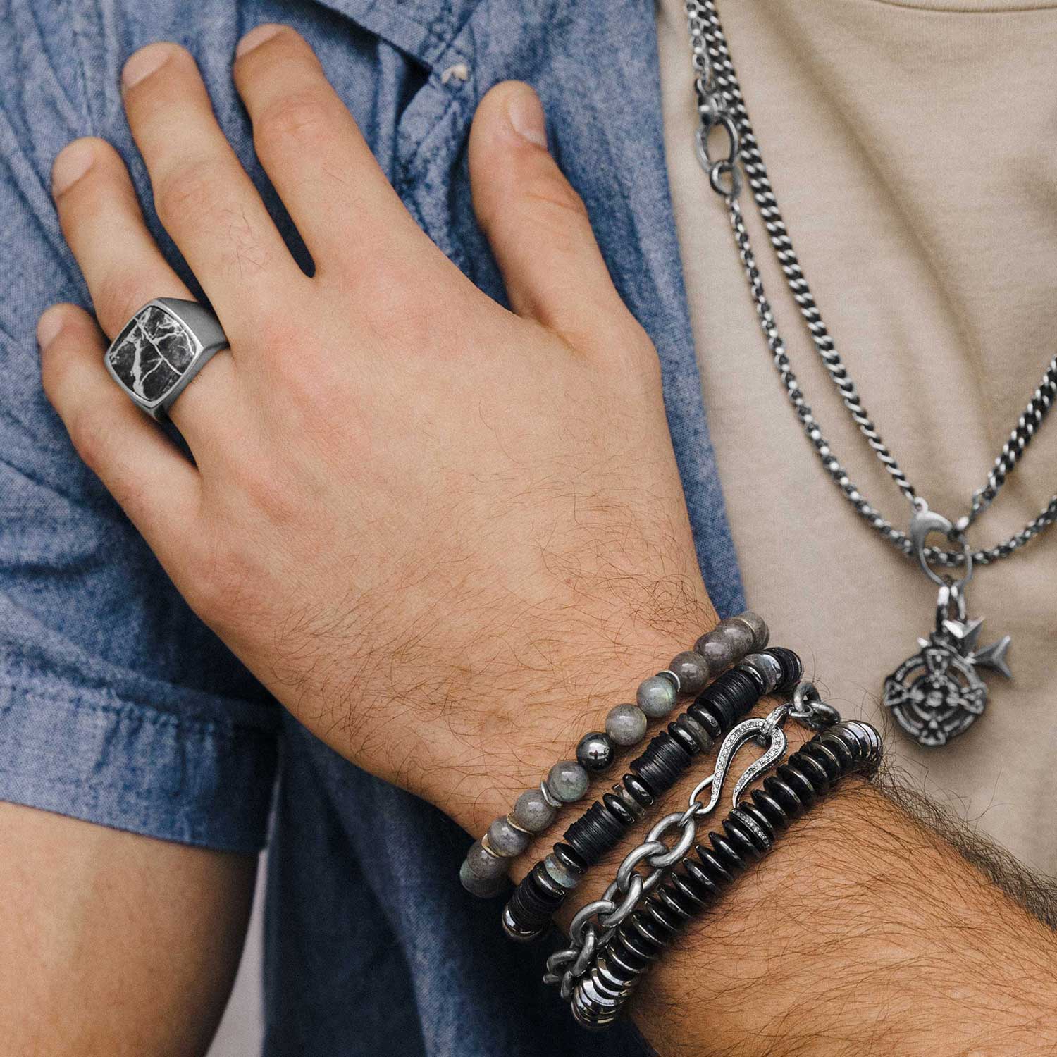 Men's Mr. LOWE Labradorite Bracelet with Silver Bead and Wavy Discs - 8mm