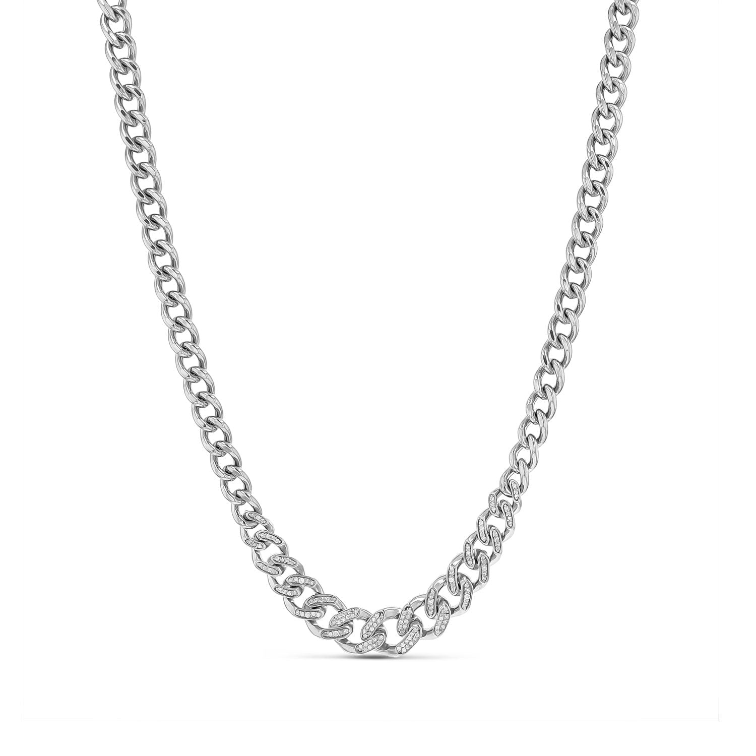 Tapered Cuban Link Chain Necklace with Pave Diamonds - 17"  N0002971 - TBird