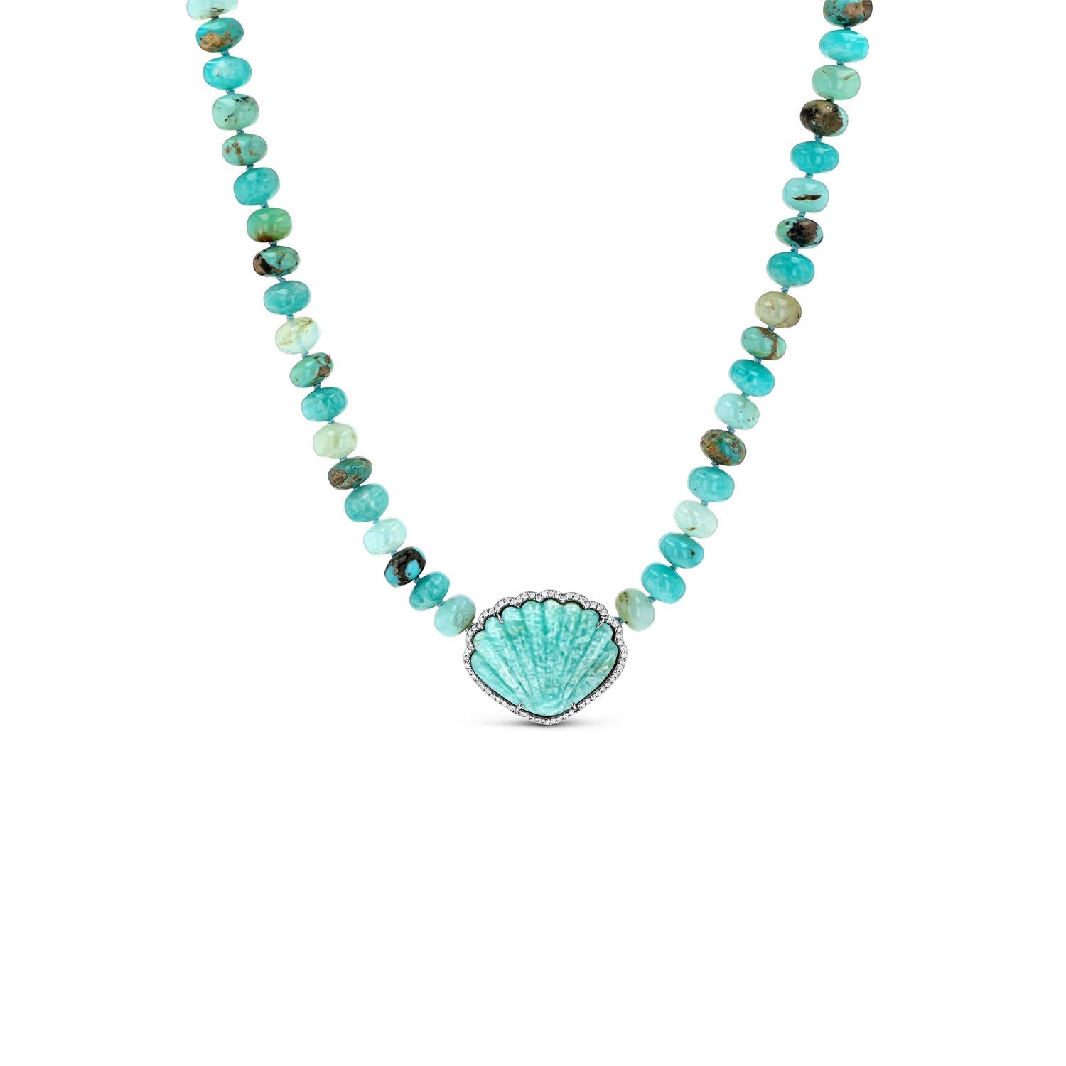 Amazonite Shell Pendant on Blue Mix Knotted Necklace - 16"  N0002994 - TBird