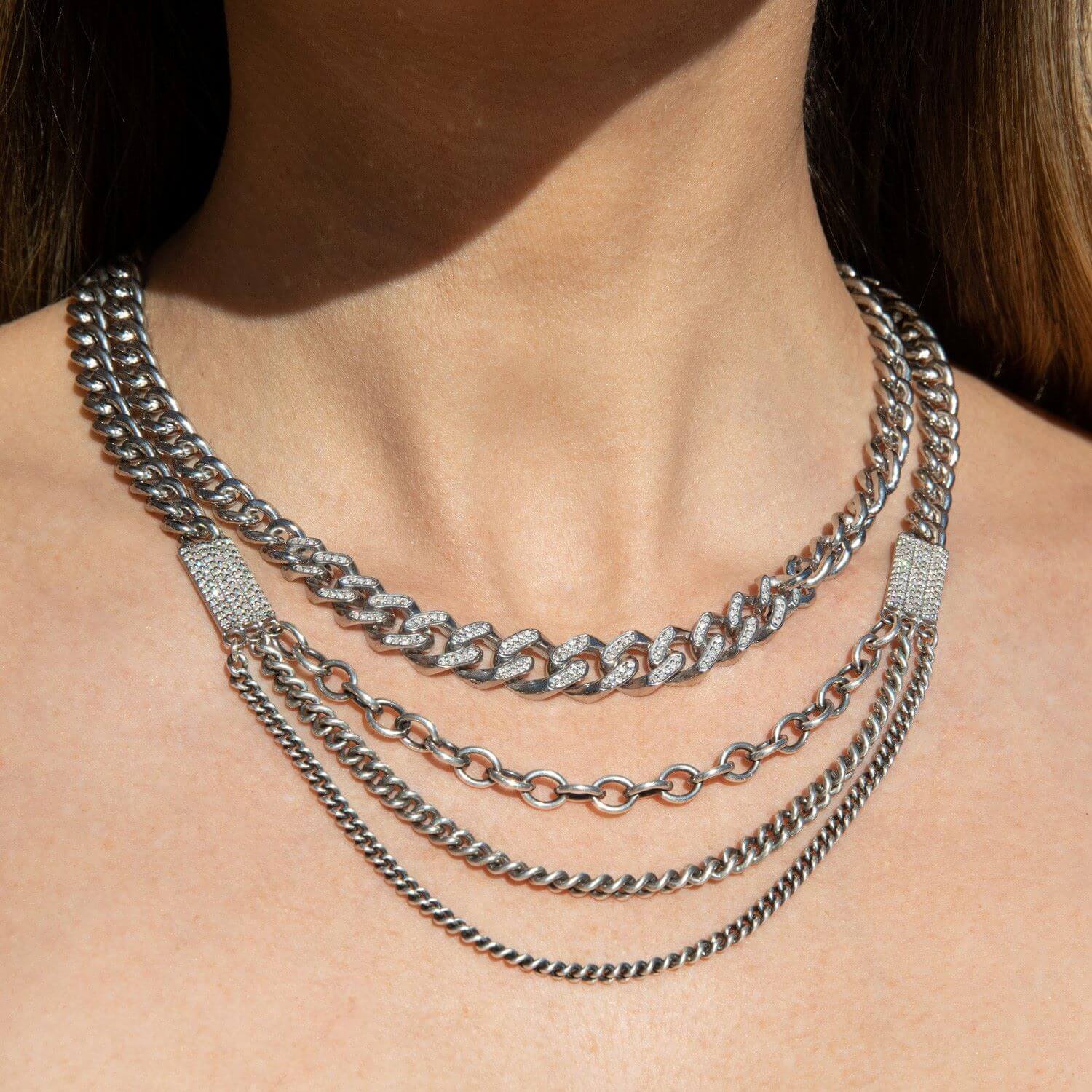 Multi Chain Sterling Silver Necklace with Diamond Stations-18"  N0003003 - TBird