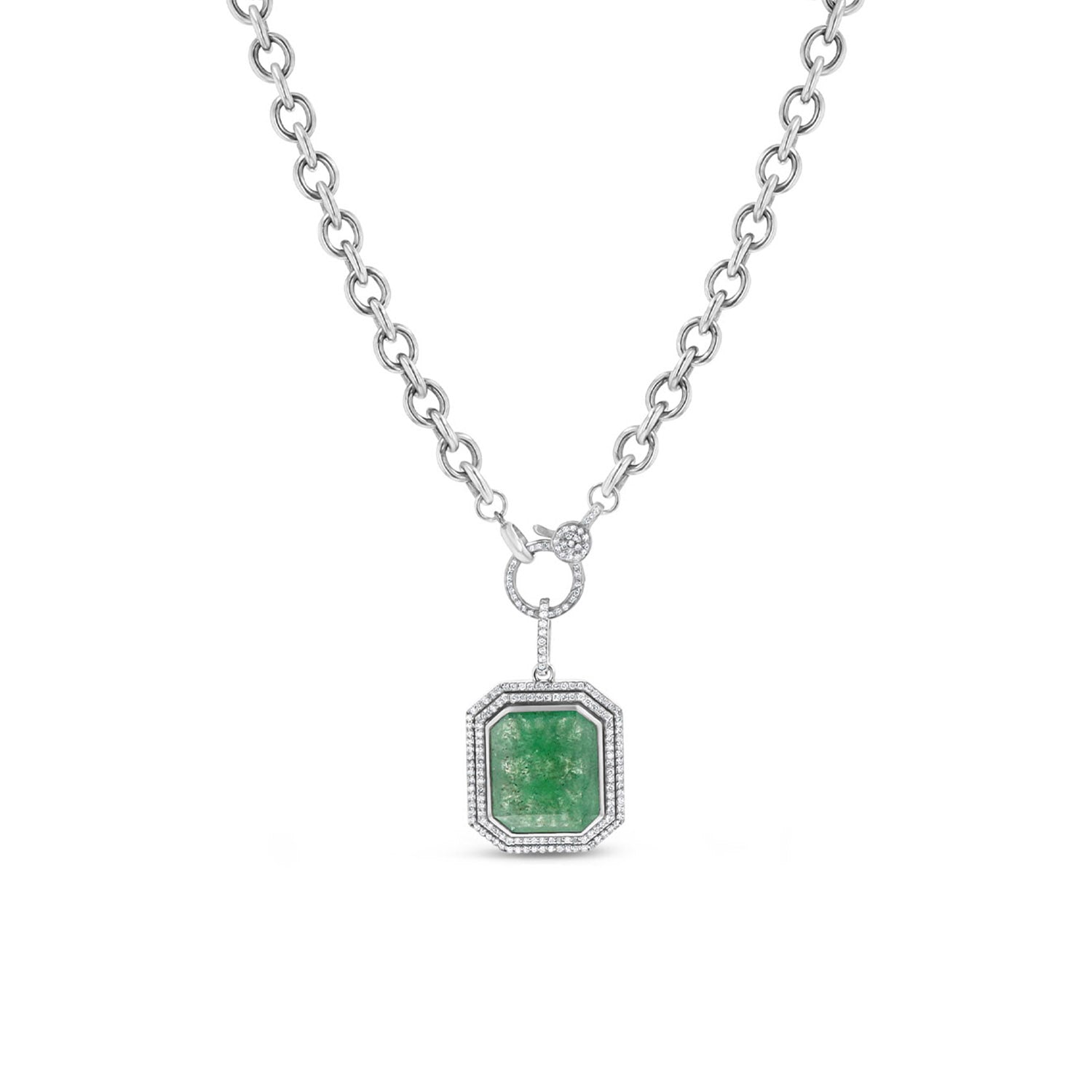Green Quartz Double Diamond Halo Pendant on Cable Chain Necklace - 17"  N0003023 - TBird