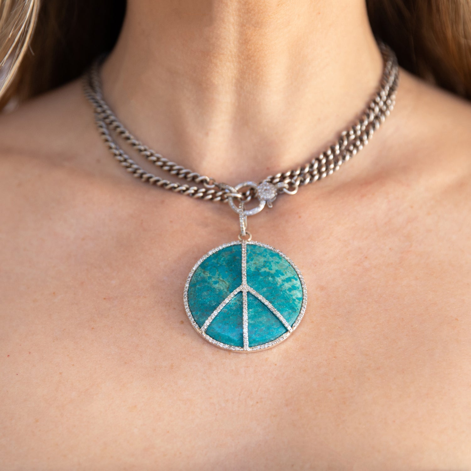 Chrysocolla Peace Pendant on Curb Chain Necklace - 38"  N0003067 - TBird