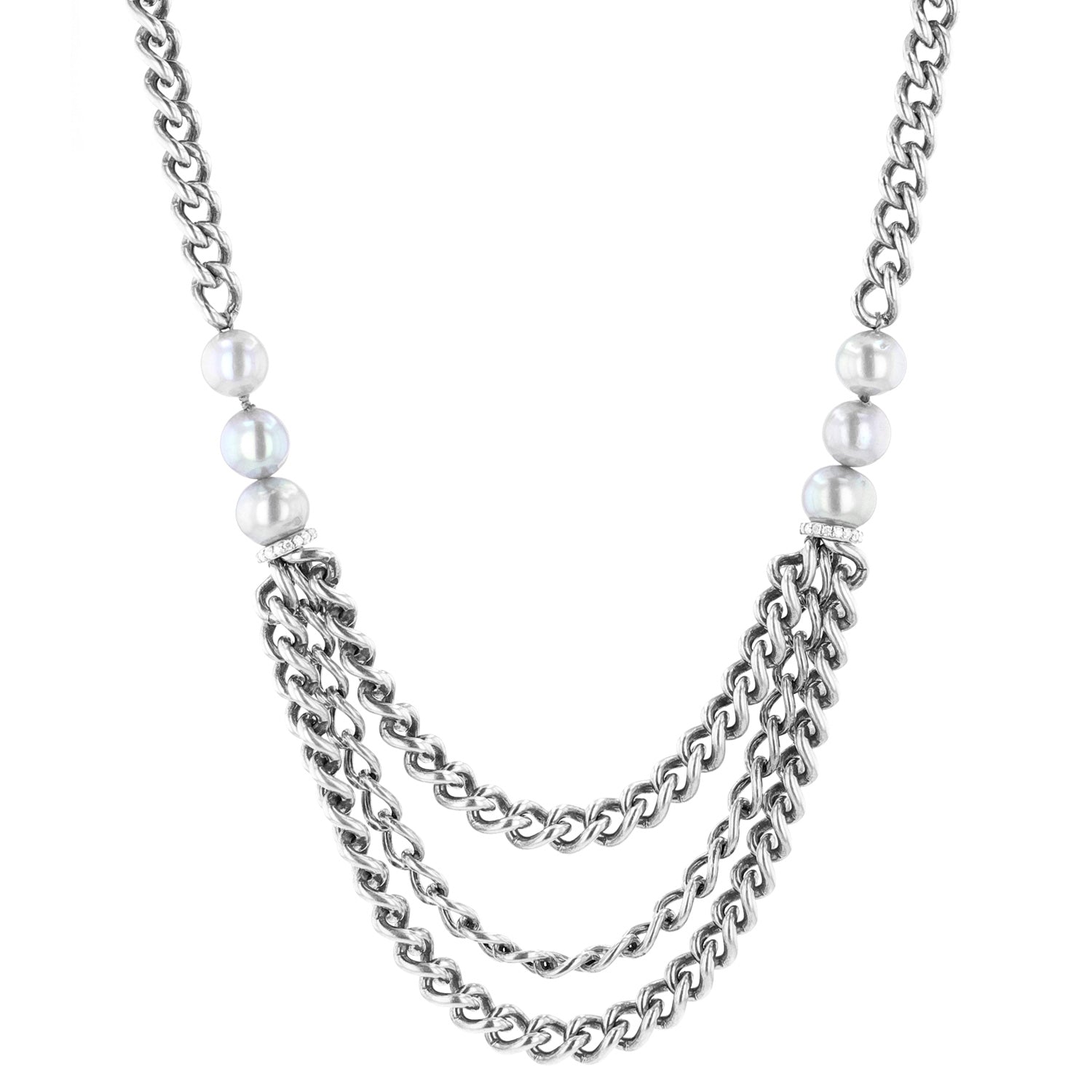 Triple Layer Curb Chain Necklace with Silver Pearls & Diamonds - 18 - 20"  N0003304 - TBird