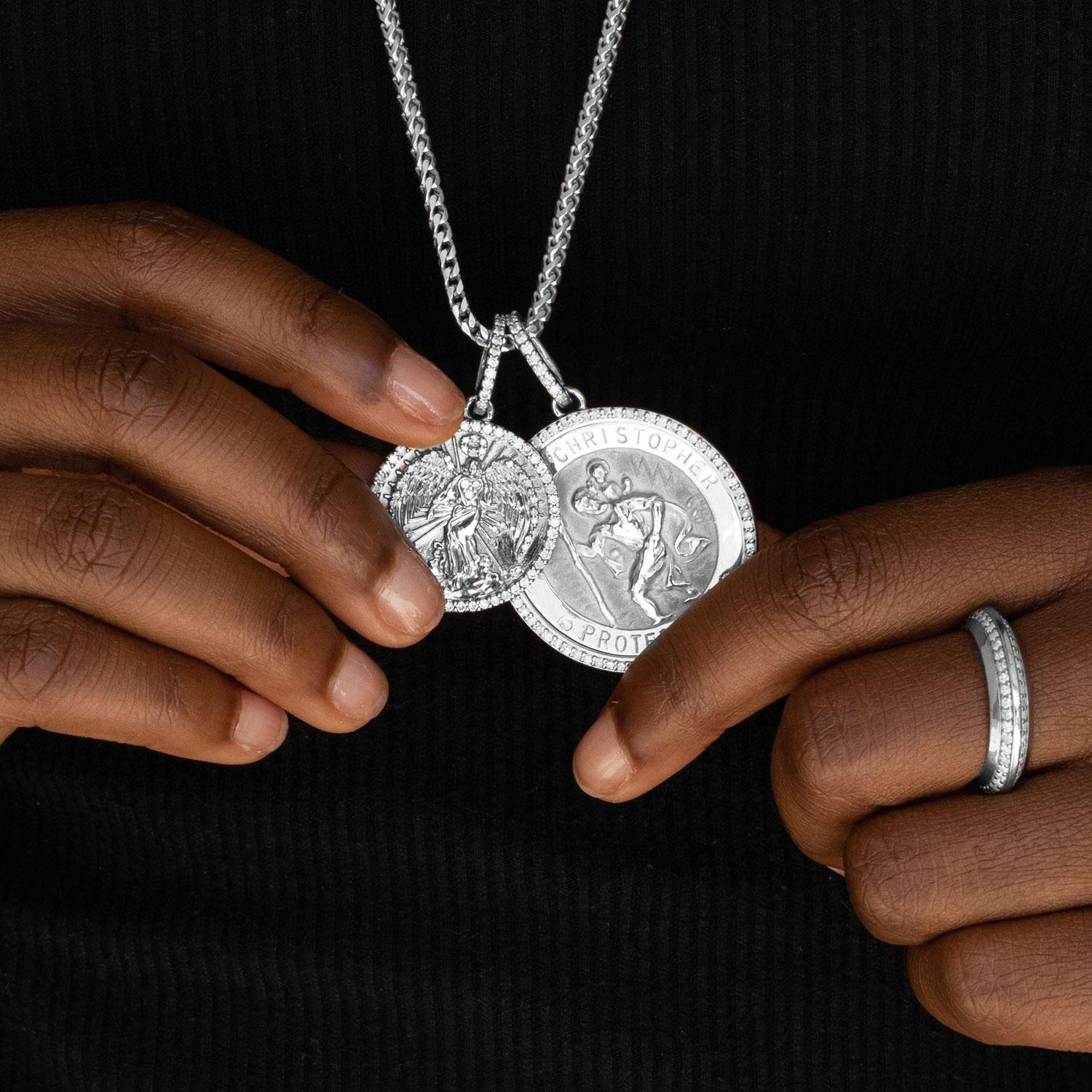 Silver St. Christopher "Protect Us" Medallion & Angel Pendant on Franco Chain - 28"
