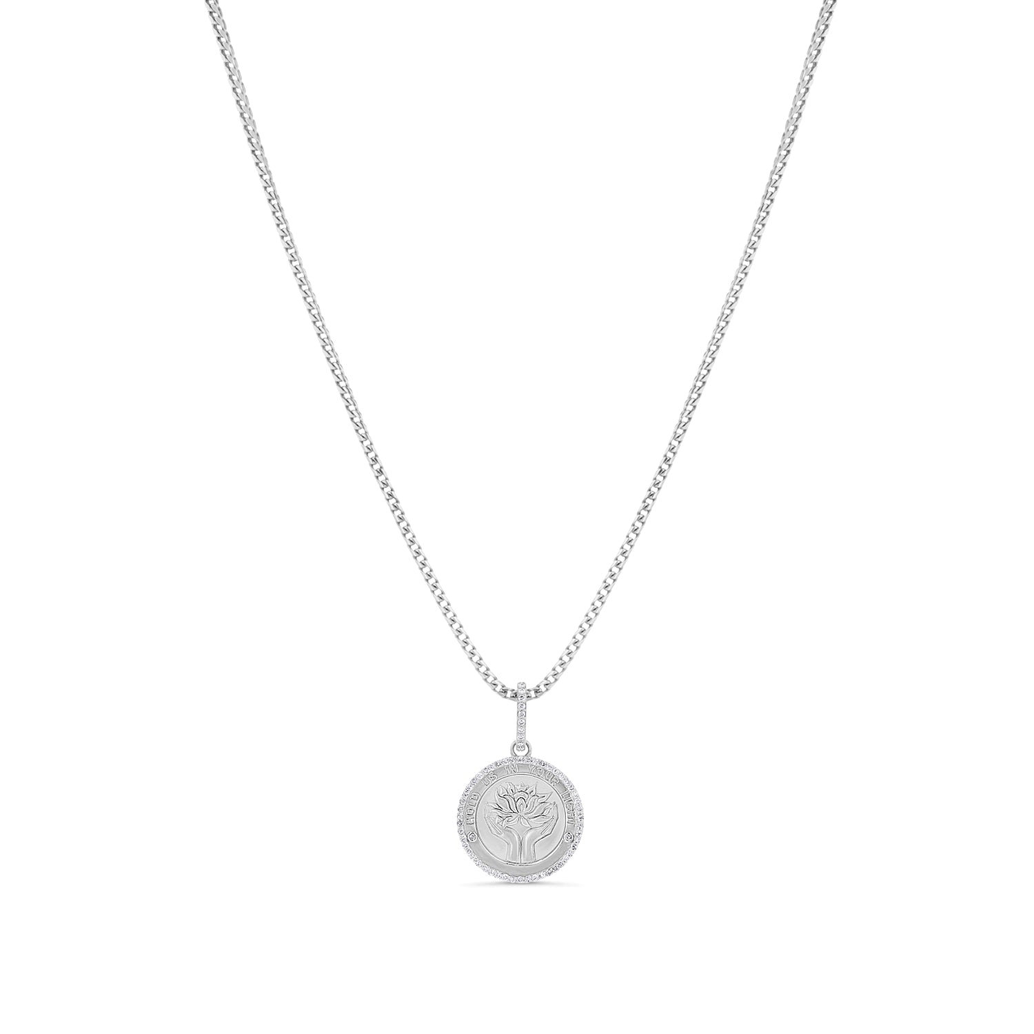 Diamond Lotus "Hold Us in Your Light" Medallion Pendant Only or on Franco Chain
