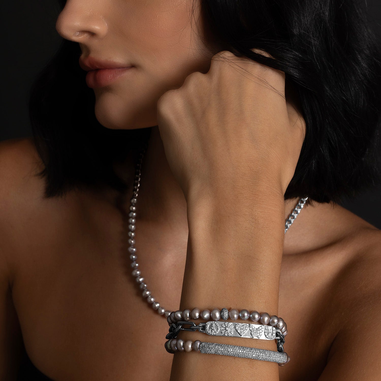 Silver Freshwater Pearl Mini Bracelet with Diamond Donut - 6mm B0004477
