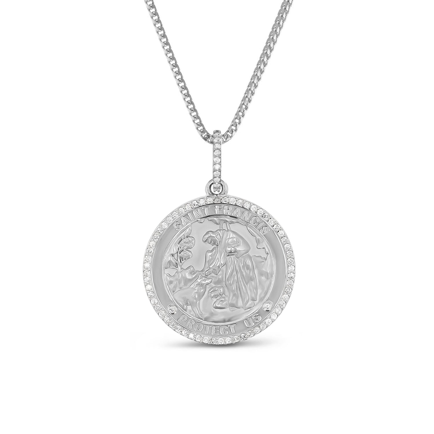 St. Francis "Protect Us" Diamond Halo 30mm Medallion Only or on 18" Franco Chain